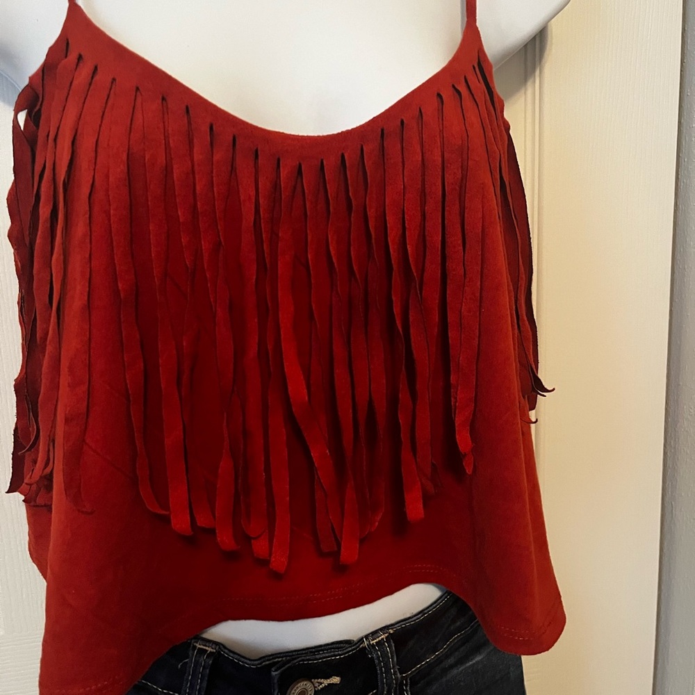 Burnt Orange Faux Suede Fringe Crop Tank Top